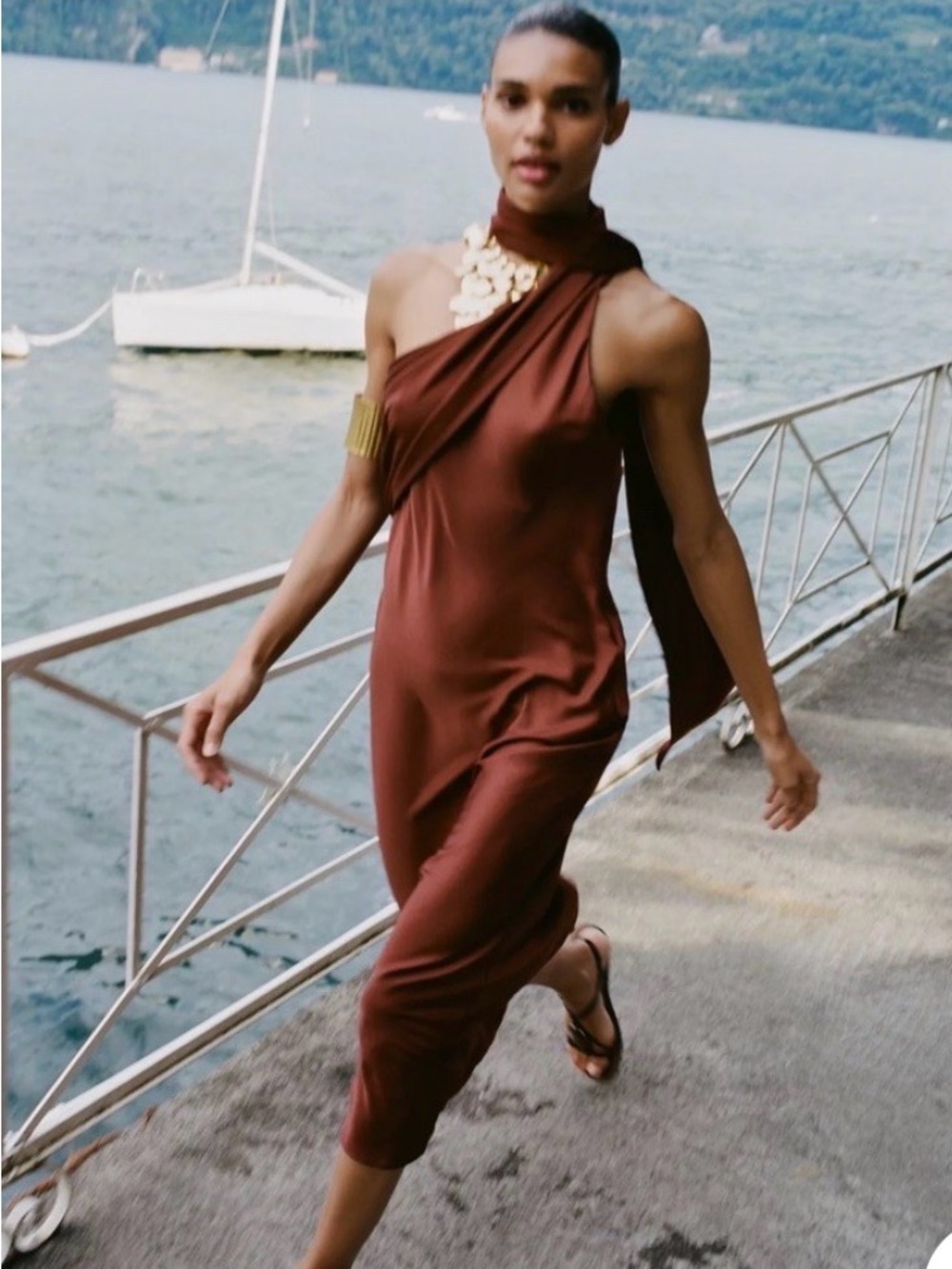 Zara Rust-Brown One-Shoulder Draped Midi Dress